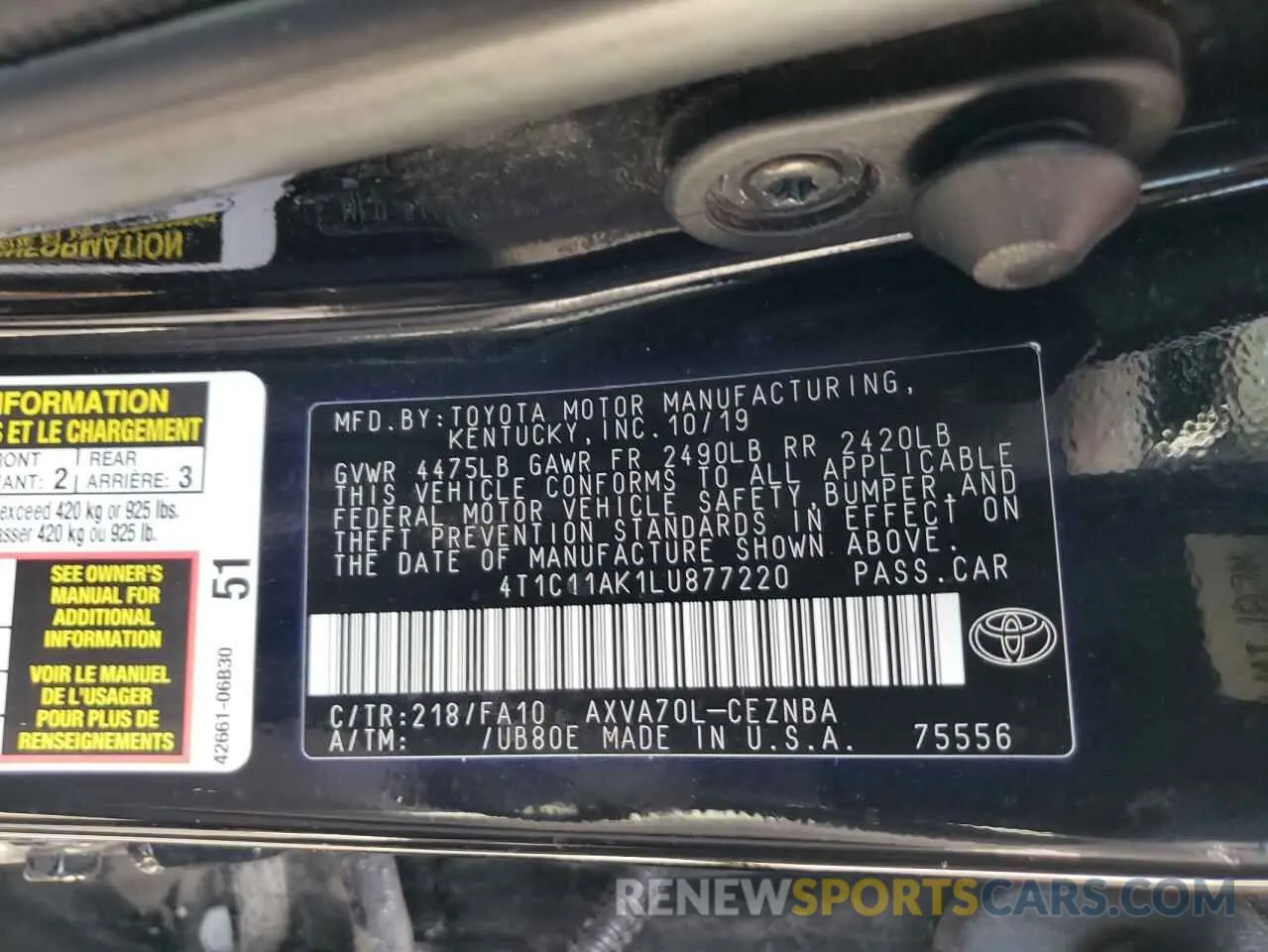 12 Photograph of a damaged car 4T1C11AK1LU877220 TOYOTA CAMRY 2020