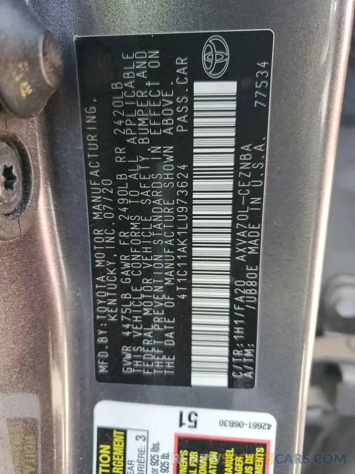12 Photograph of a damaged car 4T1C11AK1LU973624 TOYOTA CAMRY 2020