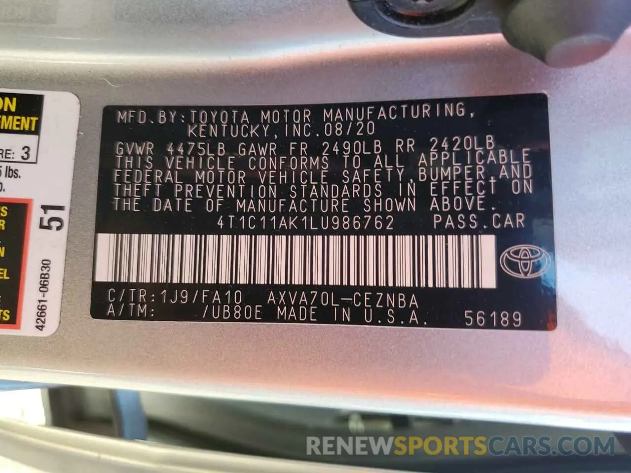 13 Photograph of a damaged car 4T1C11AK1LU986762 TOYOTA CAMRY 2020