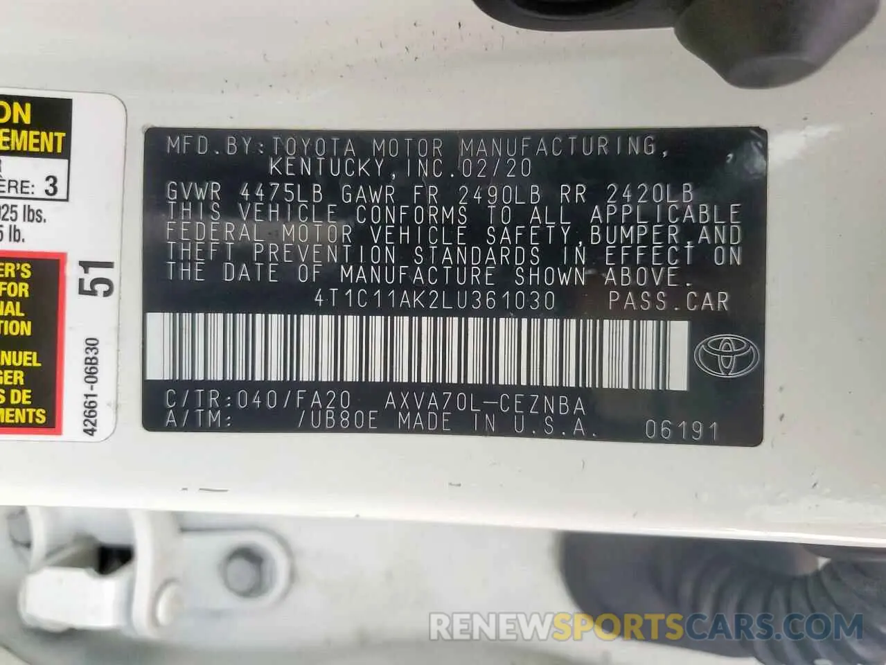 13 Photograph of a damaged car 4T1C11AK2LU361030 TOYOTA CAMRY 2020