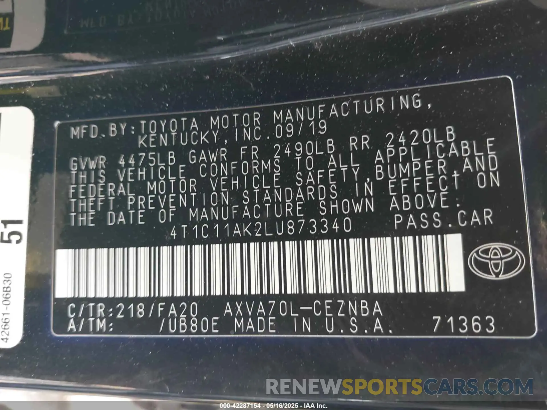9 Photograph of a damaged car 4T1C11AK2LU873340 TOYOTA CAMRY 2020