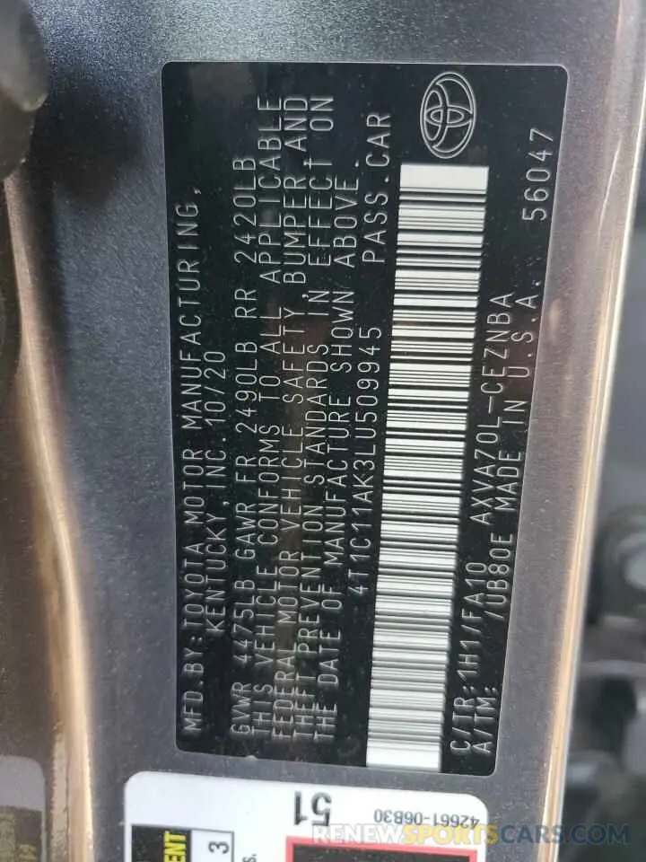 13 Photograph of a damaged car 4T1C11AK3LU509945 TOYOTA CAMRY 2020