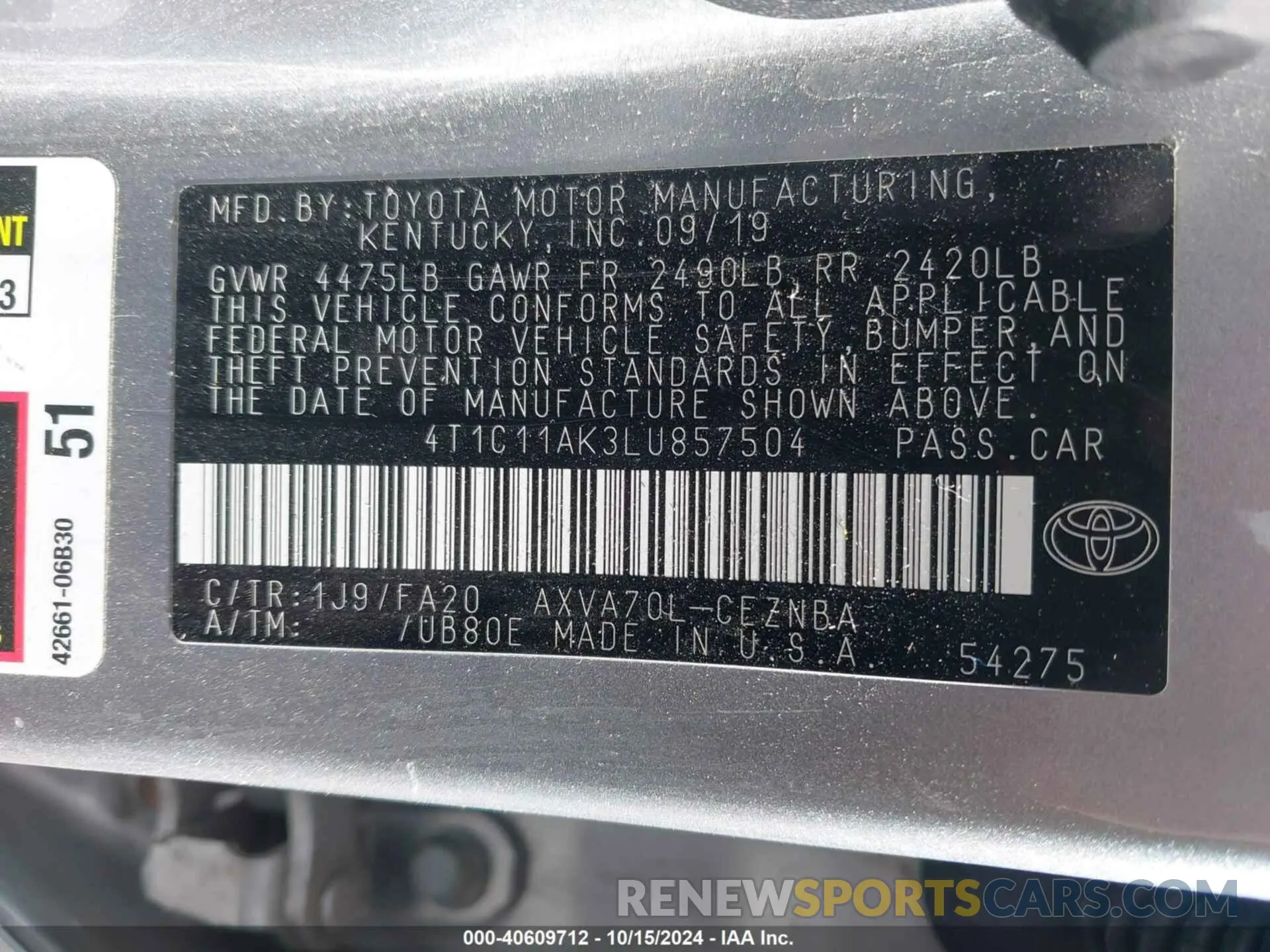 9 Photograph of a damaged car 4T1C11AK3LU857504 TOYOTA CAMRY 2020