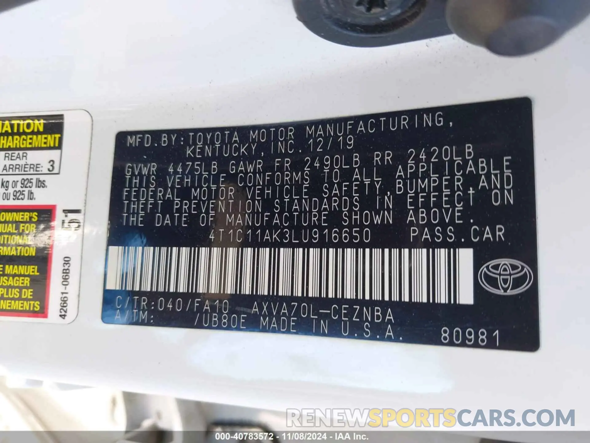 9 Photograph of a damaged car 4T1C11AK3LU916650 TOYOTA CAMRY 2020