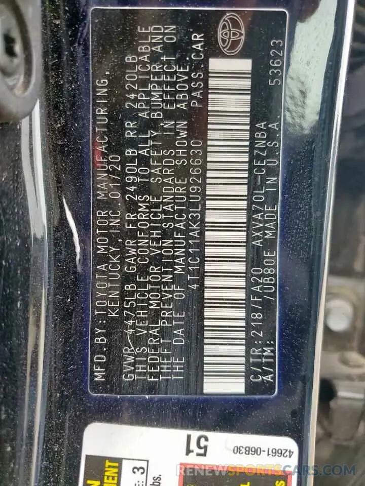12 Photograph of a damaged car 4T1C11AK3LU926630 TOYOTA CAMRY 2020