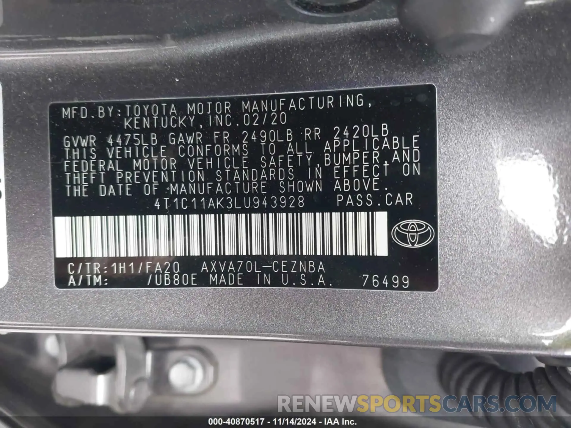 9 Photograph of a damaged car 4T1C11AK3LU943928 TOYOTA CAMRY 2020