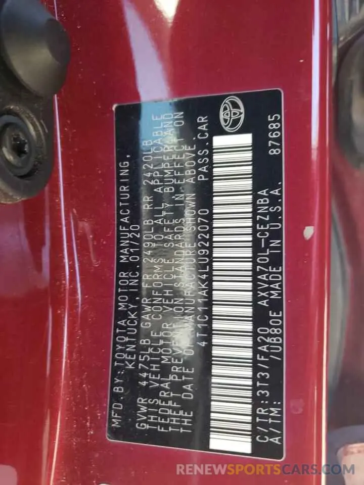 12 Photograph of a damaged car 4T1C11AK4LU922070 TOYOTA CAMRY 2020