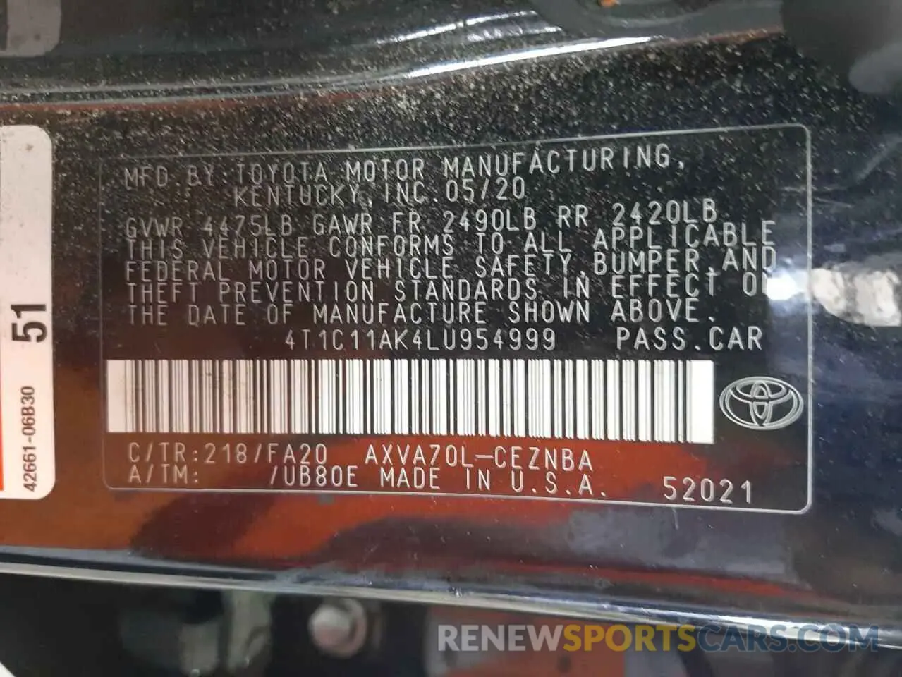 12 Photograph of a damaged car 4T1C11AK4LU954999 TOYOTA CAMRY 2020