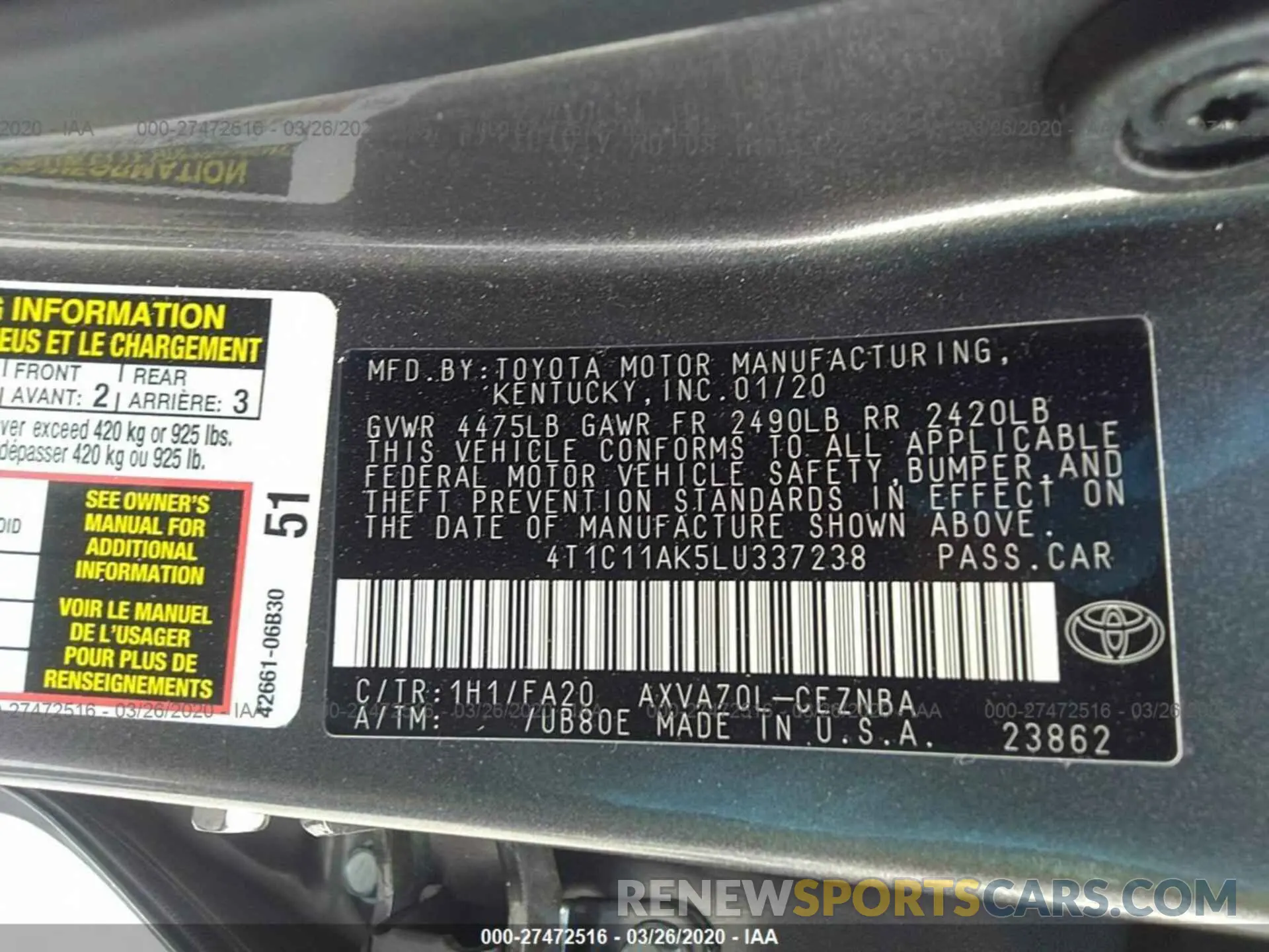 9 Photograph of a damaged car 4T1C11AK5LU337238 TOYOTA CAMRY 2020