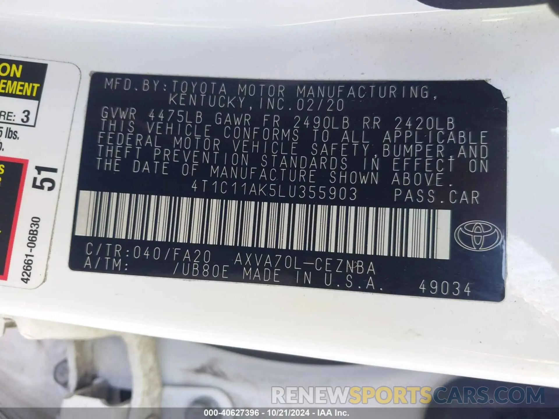 9 Photograph of a damaged car 4T1C11AK5LU355903 TOYOTA CAMRY 2020