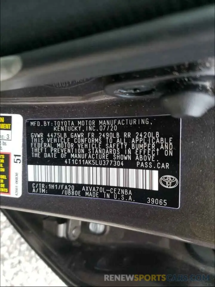 10 Photograph of a damaged car 4T1C11AK5LU377304 TOYOTA CAMRY 2020