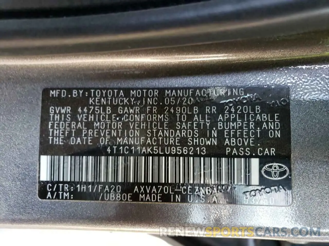 10 Photograph of a damaged car 4T1C11AK5LU956213 TOYOTA CAMRY 2020