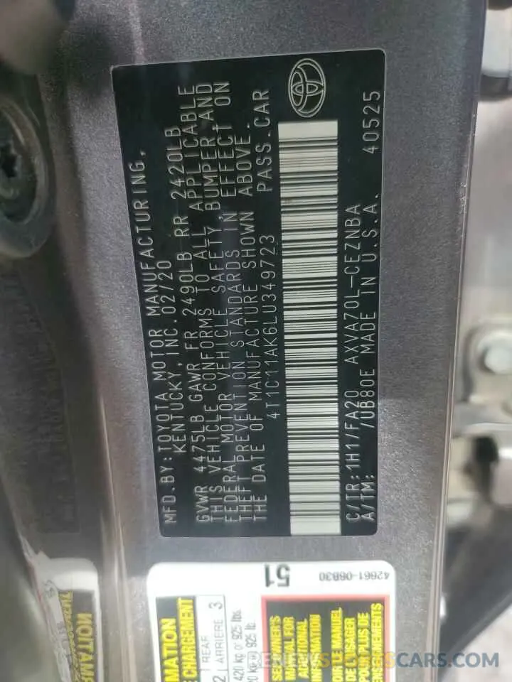 12 Photograph of a damaged car 4T1C11AK6LU349723 TOYOTA CAMRY 2020