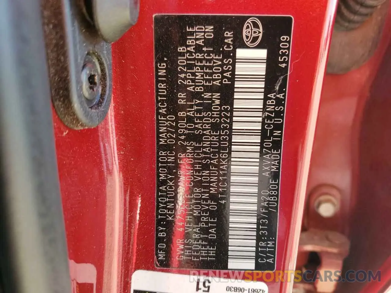 12 Photograph of a damaged car 4T1C11AK6LU353223 TOYOTA CAMRY 2020