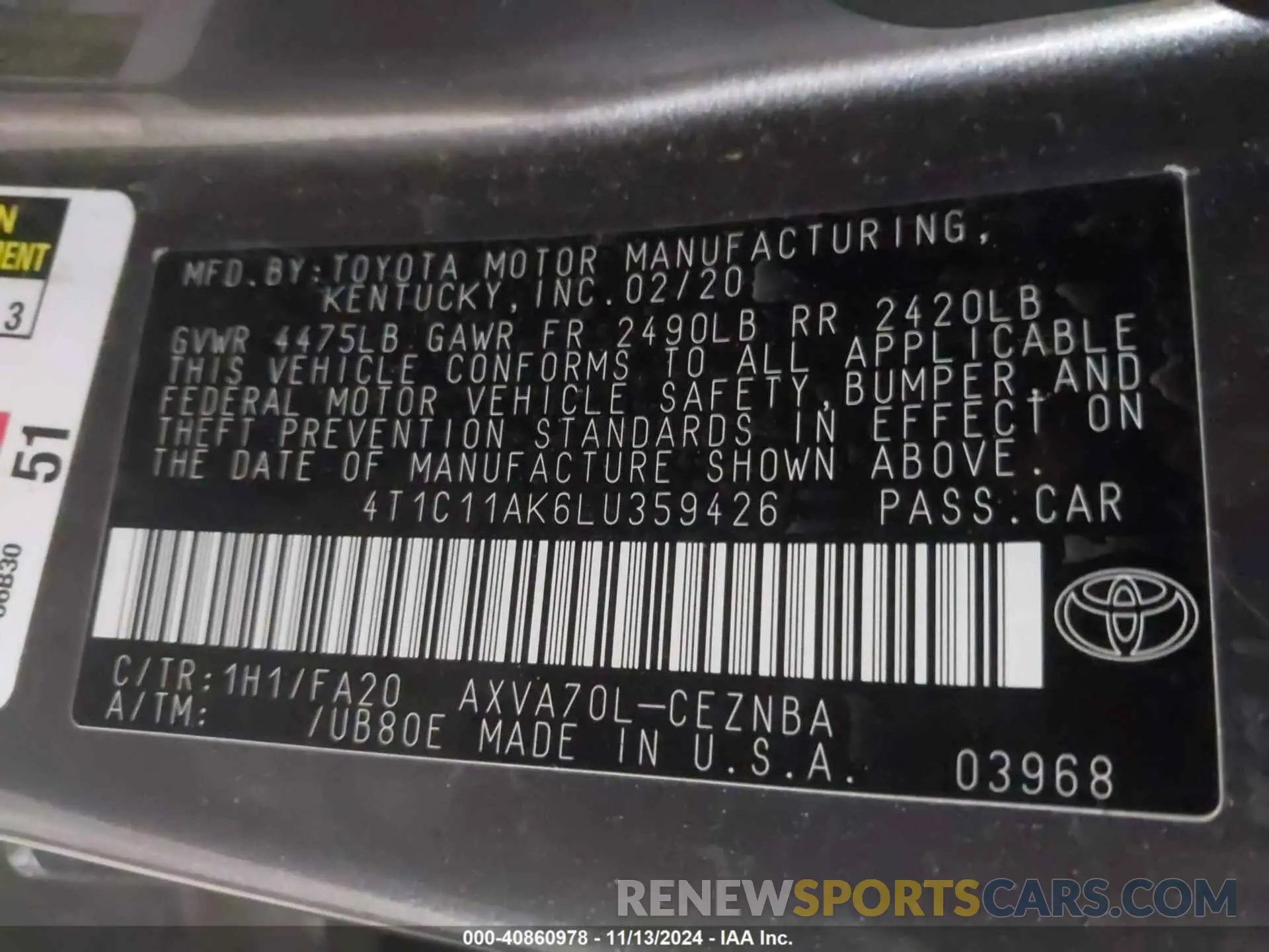 9 Photograph of a damaged car 4T1C11AK6LU359426 TOYOTA CAMRY 2020