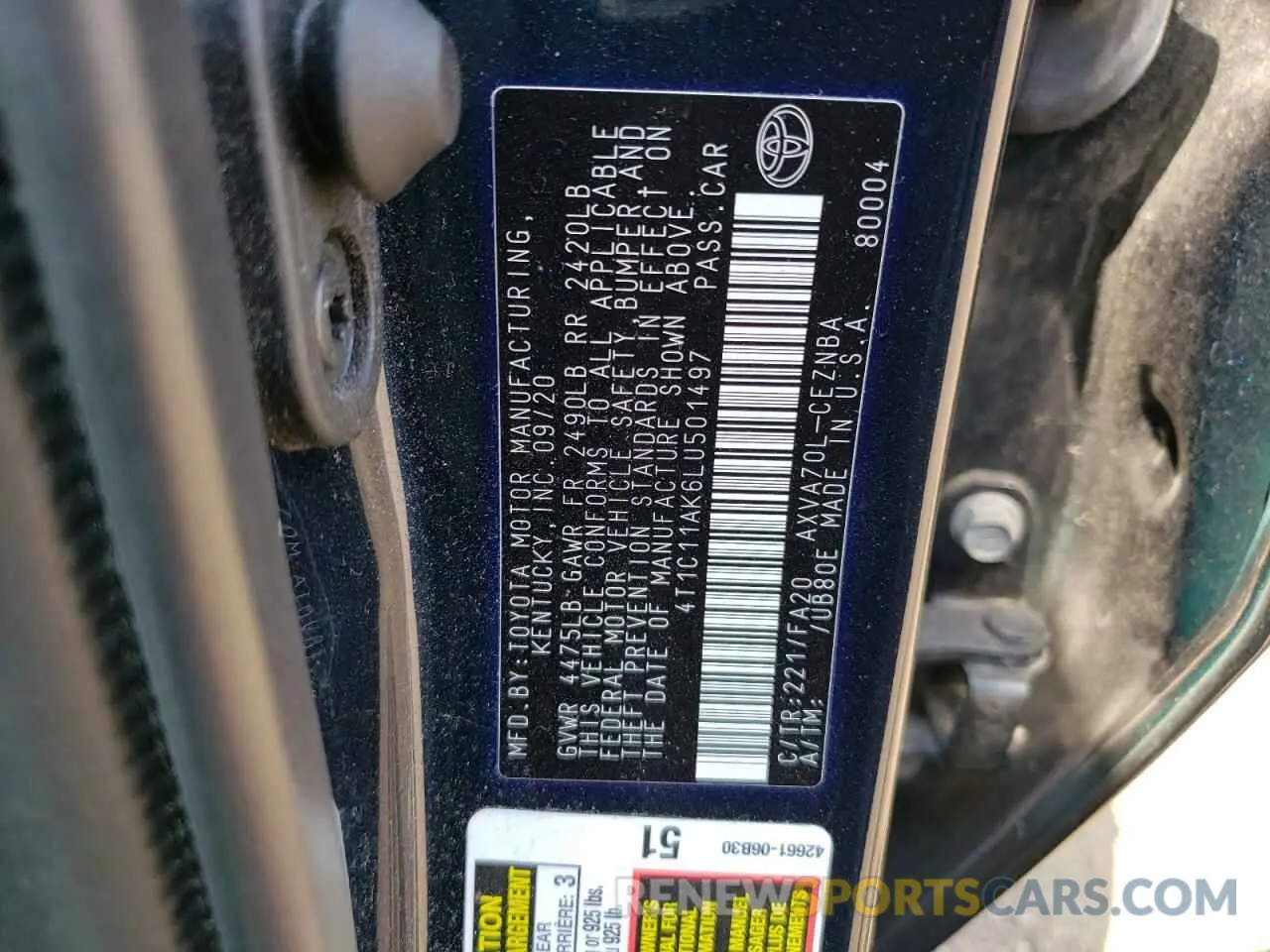 12 Photograph of a damaged car 4T1C11AK6LU501497 TOYOTA CAMRY 2020