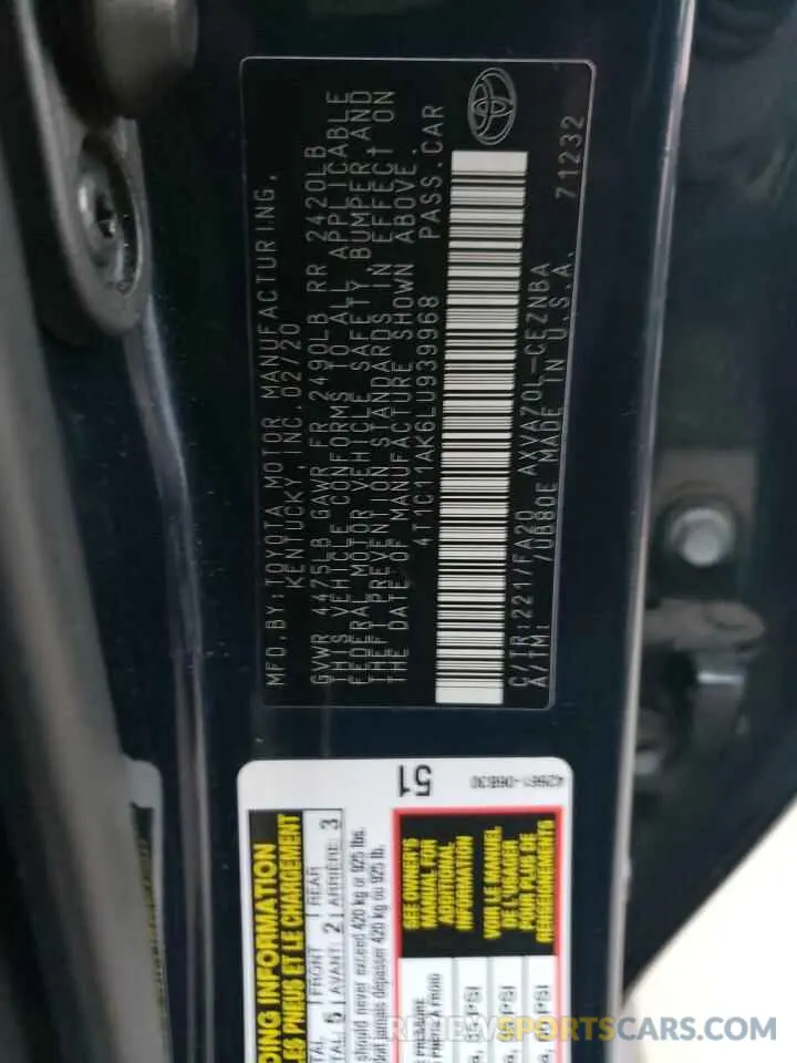 13 Photograph of a damaged car 4T1C11AK6LU939968 TOYOTA CAMRY 2020