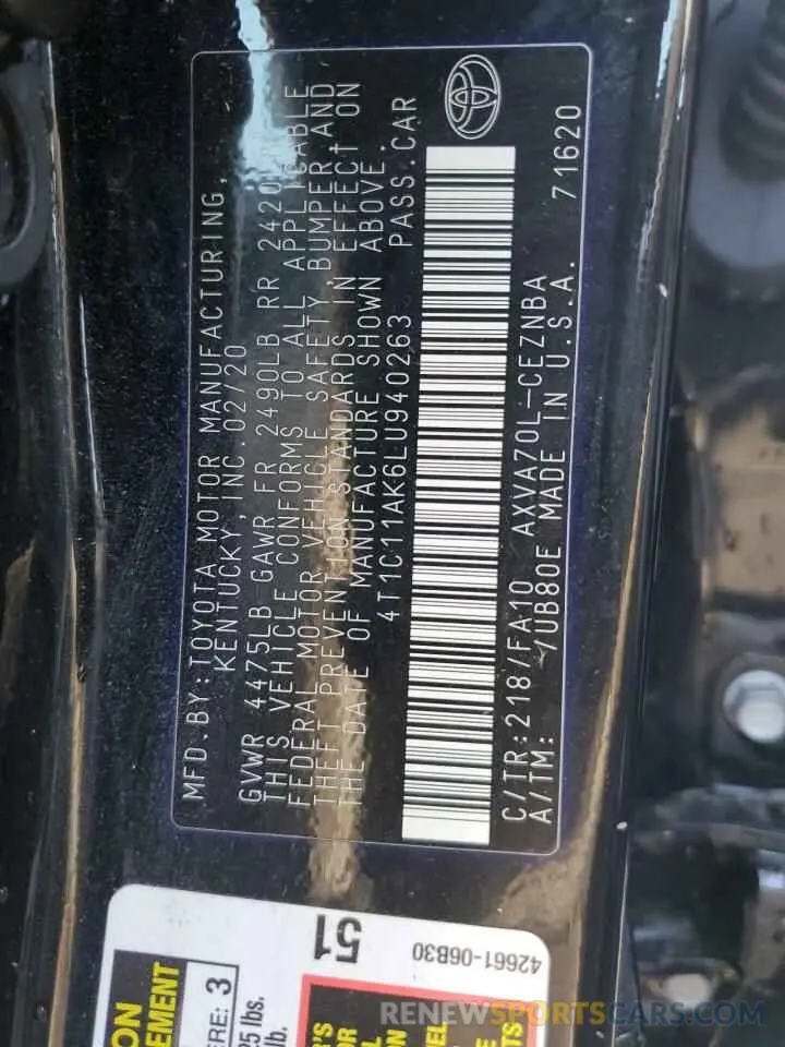 12 Photograph of a damaged car 4T1C11AK6LU940263 TOYOTA CAMRY 2020