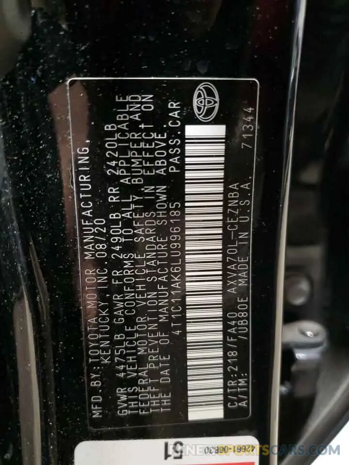 12 Photograph of a damaged car 4T1C11AK6LU996185 TOYOTA CAMRY 2020