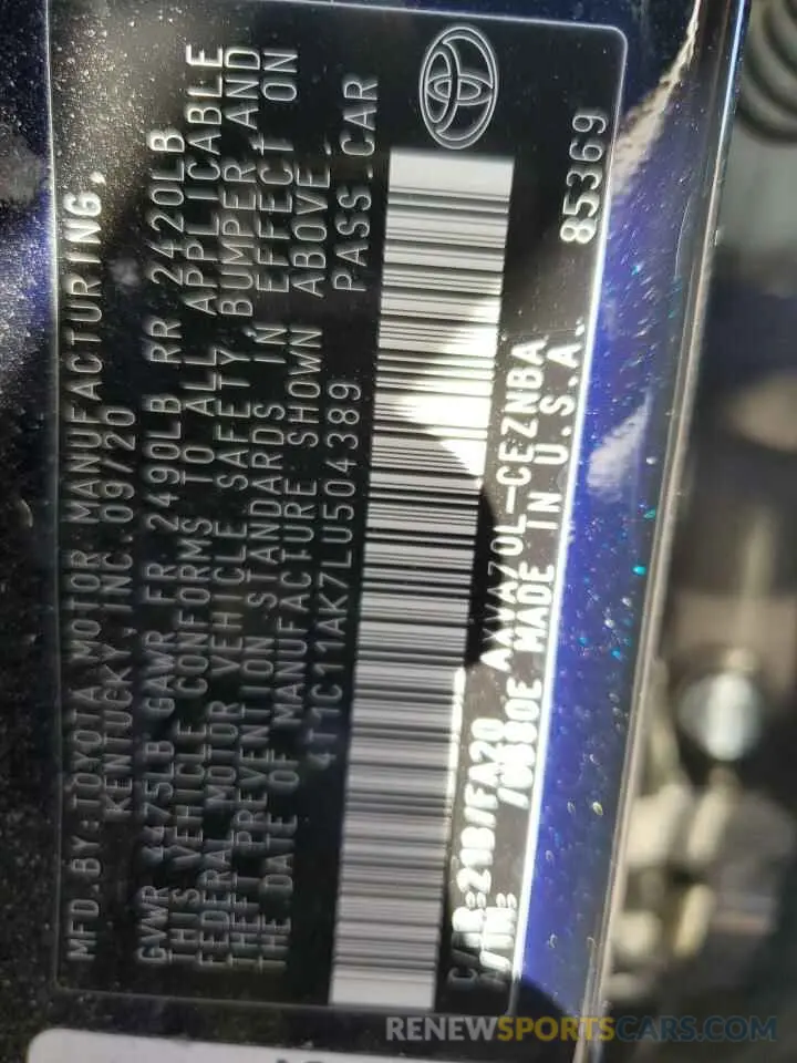 13 Photograph of a damaged car 4T1C11AK7LU504389 TOYOTA CAMRY 2020