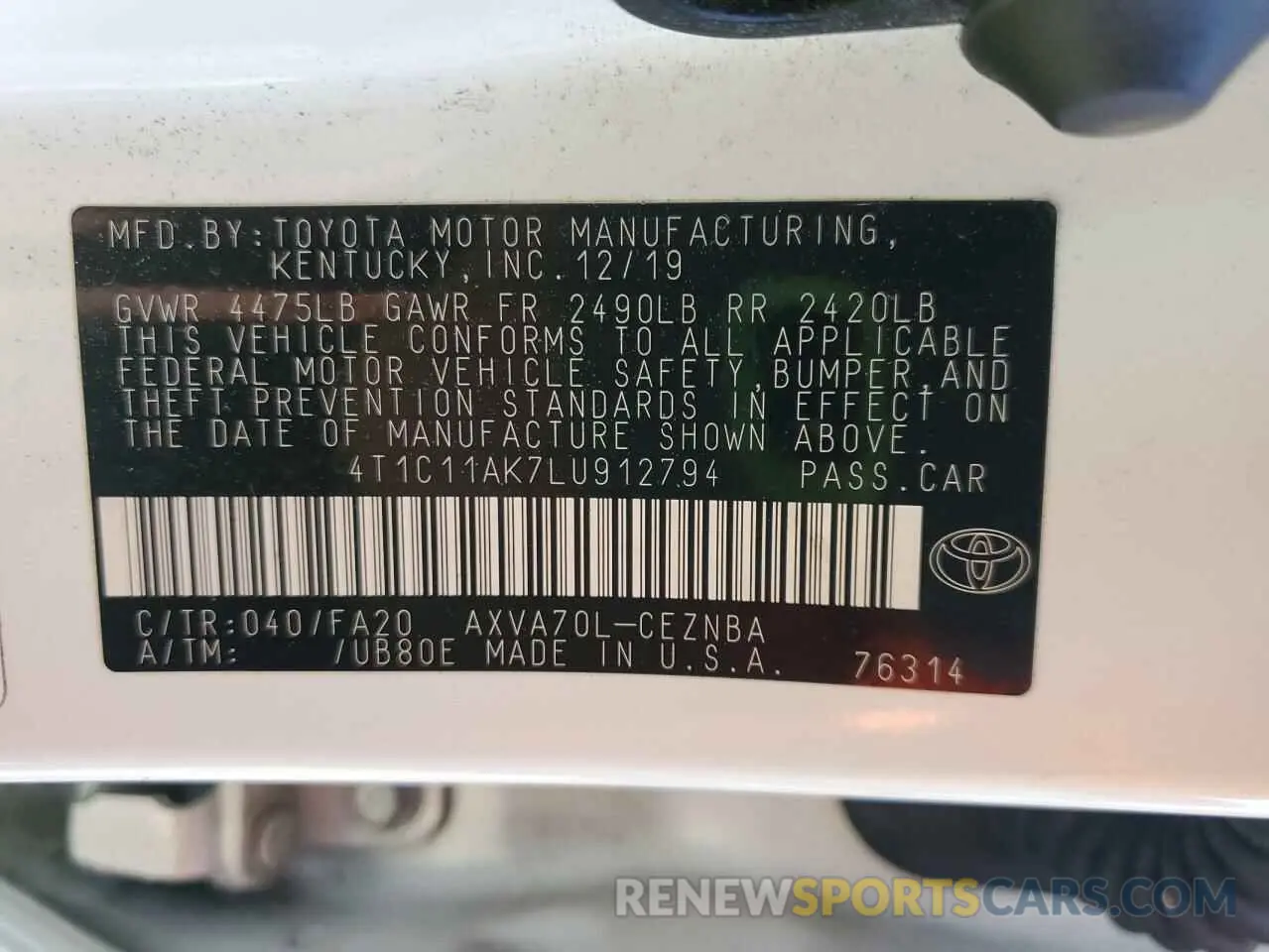 12 Photograph of a damaged car 4T1C11AK7LU912794 TOYOTA CAMRY 2020