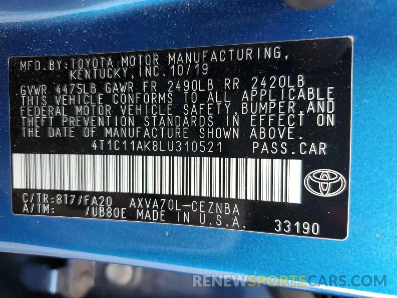 12 Photograph of a damaged car 4T1C11AK8LU310521 TOYOTA CAMRY 2020
