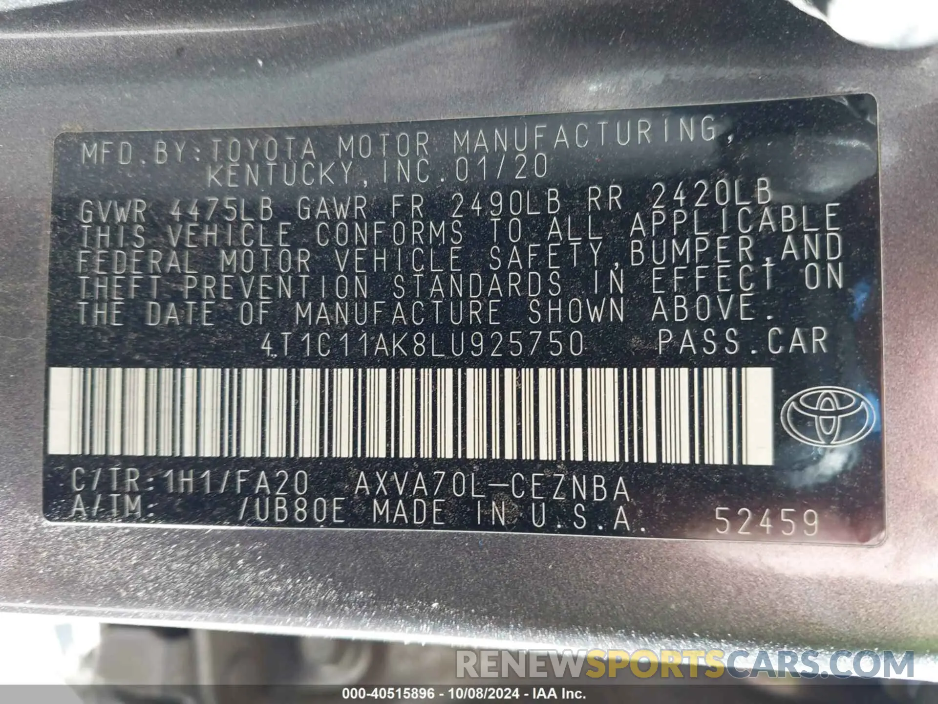 9 Photograph of a damaged car 4T1C11AK8LU925750 TOYOTA CAMRY 2020