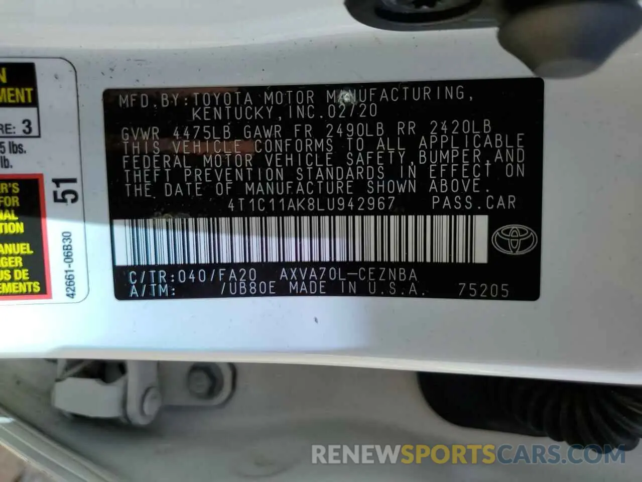 15 Photograph of a damaged car 4T1C11AK8LU942967 TOYOTA CAMRY 2020
