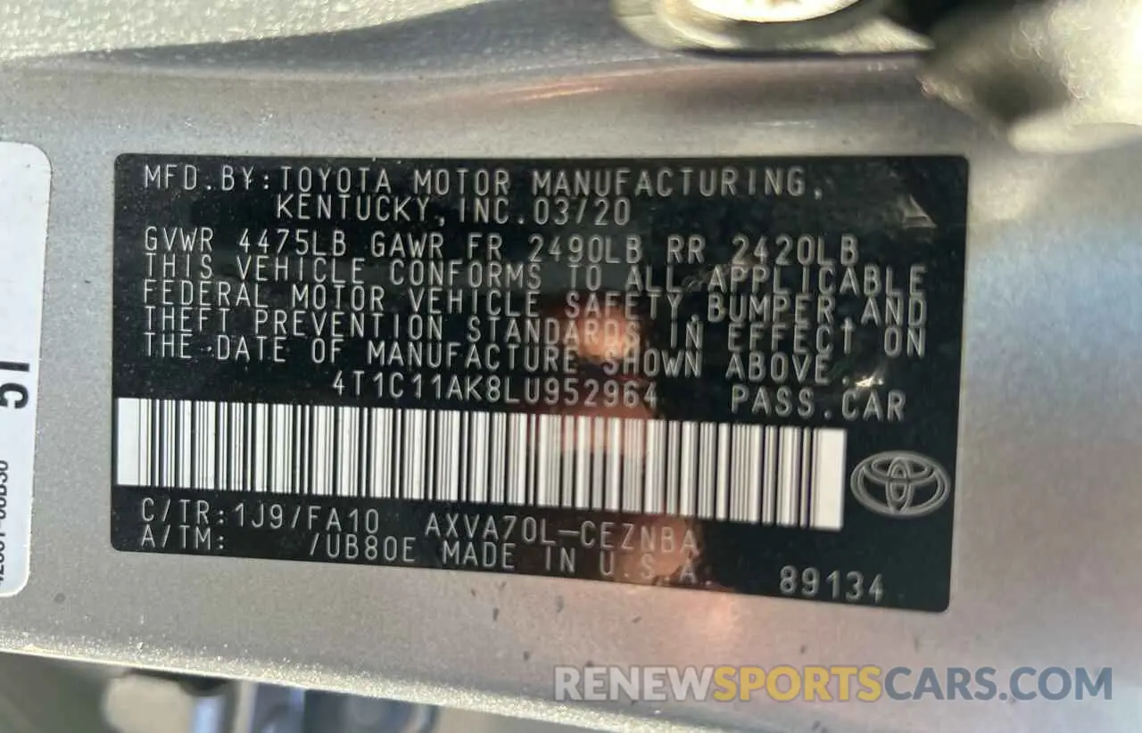 10 Photograph of a damaged car 4T1C11AK8LU952964 TOYOTA CAMRY 2020