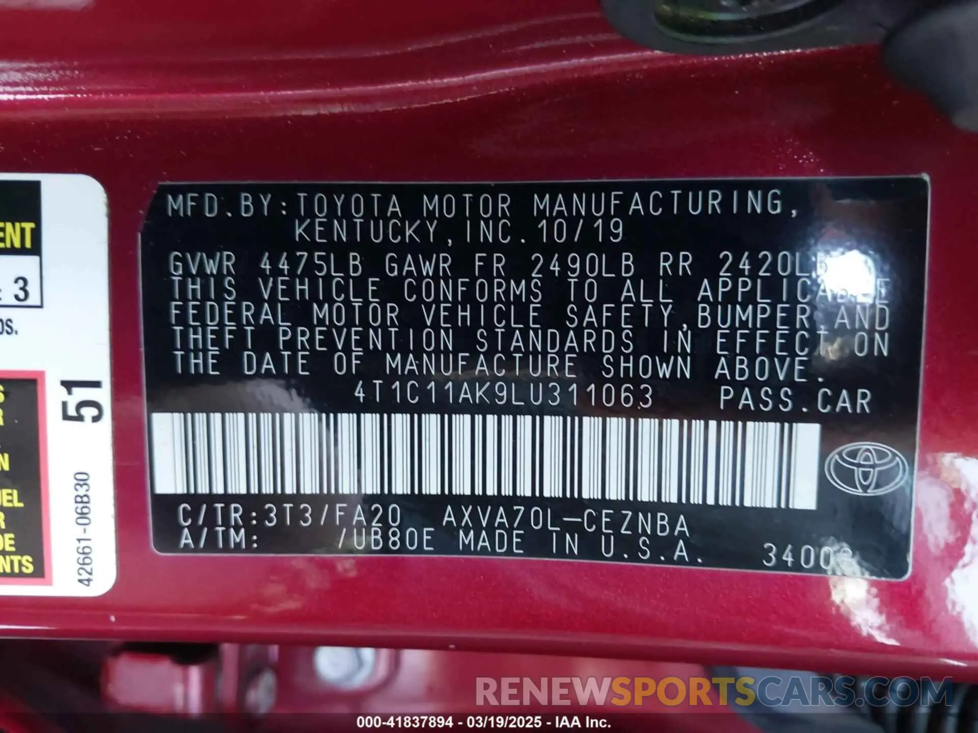 9 Photograph of a damaged car 4T1C11AK9LU311063 TOYOTA CAMRY 2020