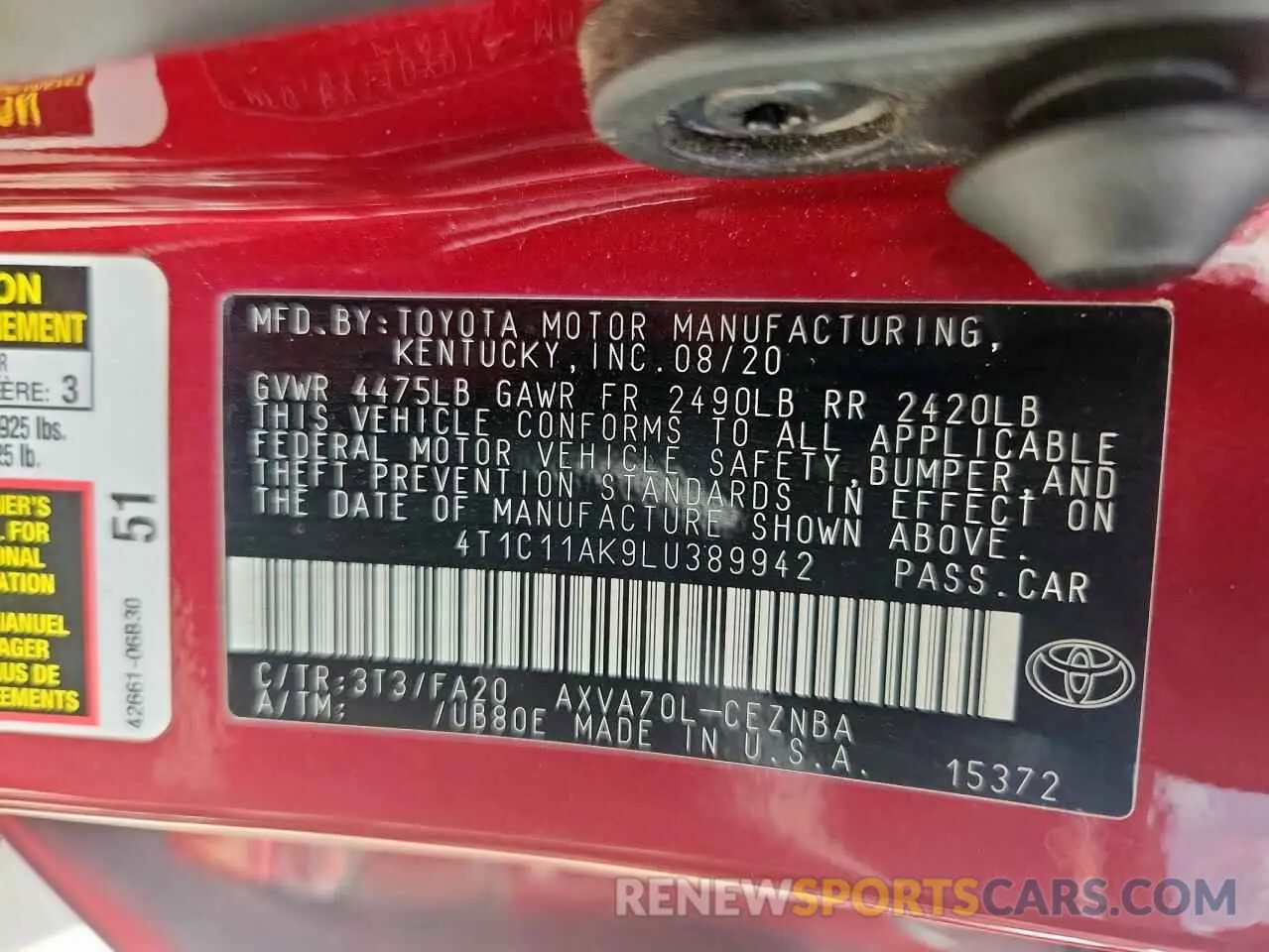 13 Photograph of a damaged car 4T1C11AK9LU389942 TOYOTA CAMRY 2020