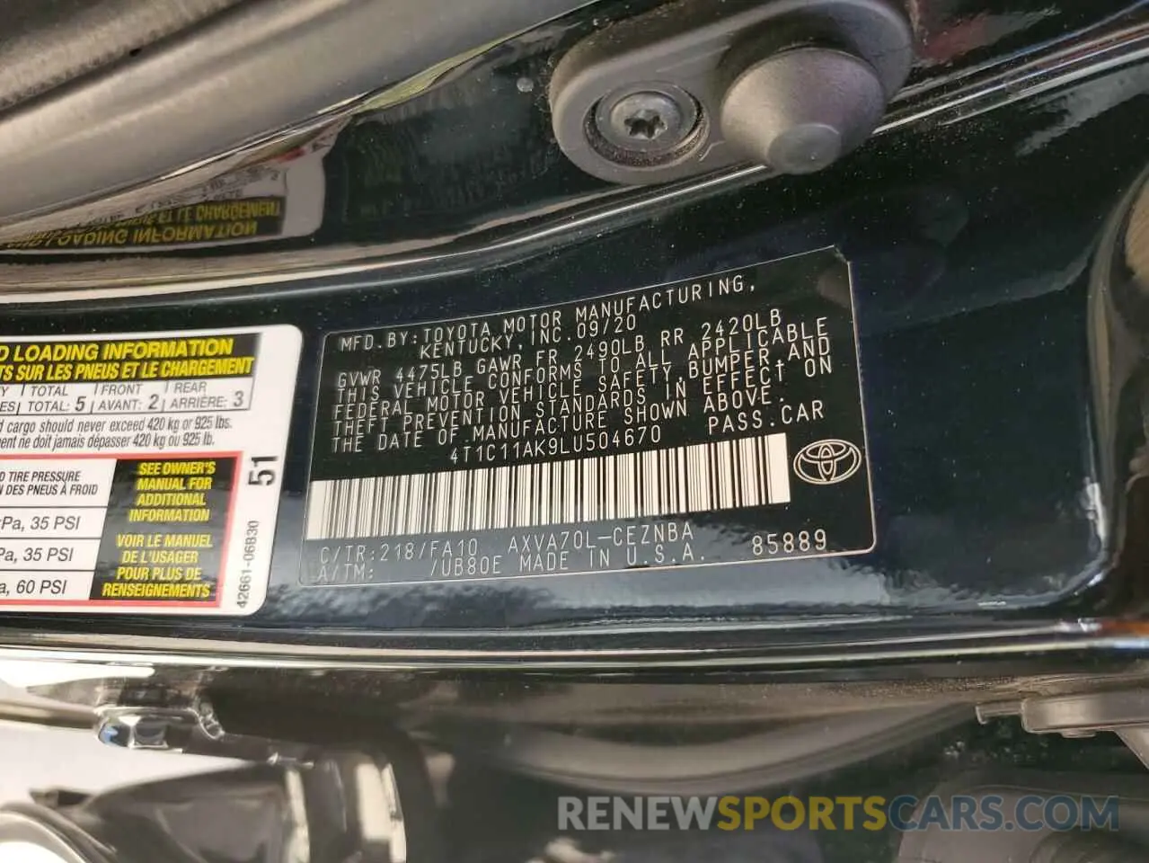 13 Photograph of a damaged car 4T1C11AK9LU504670 TOYOTA CAMRY 2020