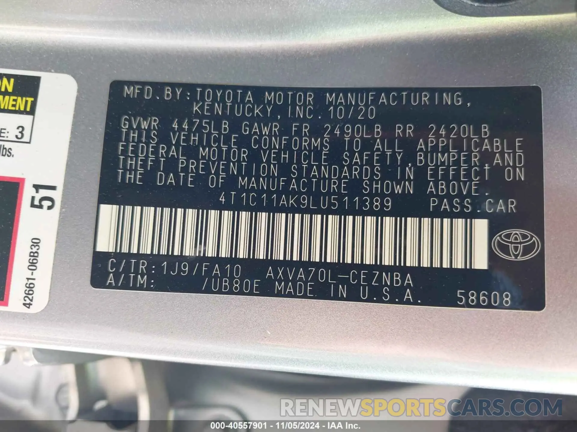 9 Photograph of a damaged car 4T1C11AK9LU511389 TOYOTA CAMRY 2020