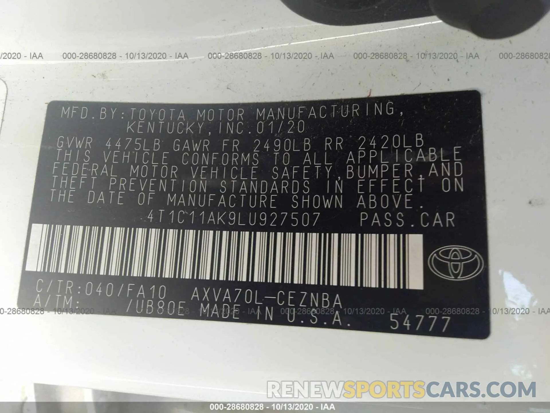 9 Photograph of a damaged car 4T1C11AK9LU927507 TOYOTA CAMRY 2020