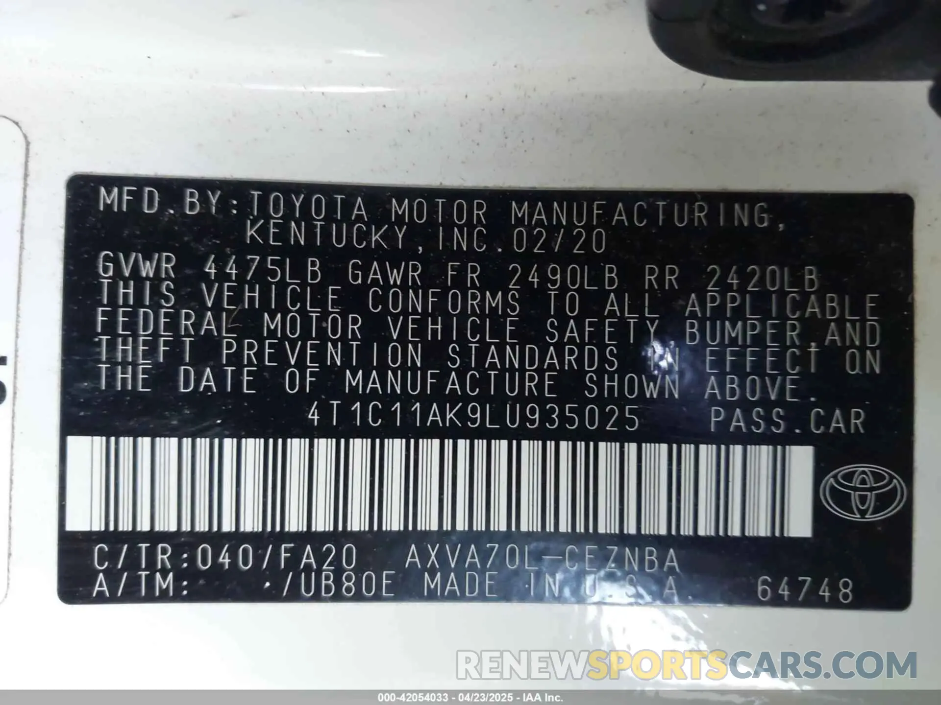 9 Photograph of a damaged car 4T1C11AK9LU935025 TOYOTA CAMRY 2020