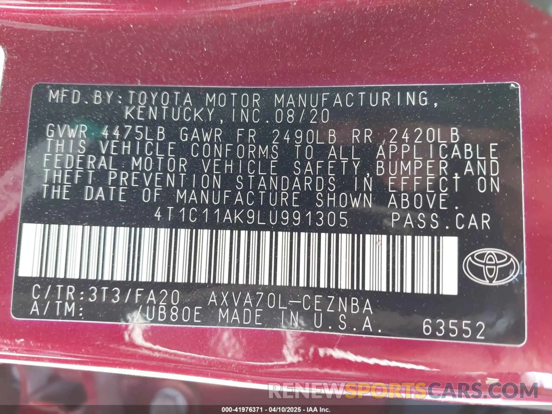 9 Photograph of a damaged car 4T1C11AK9LU991305 TOYOTA CAMRY 2020