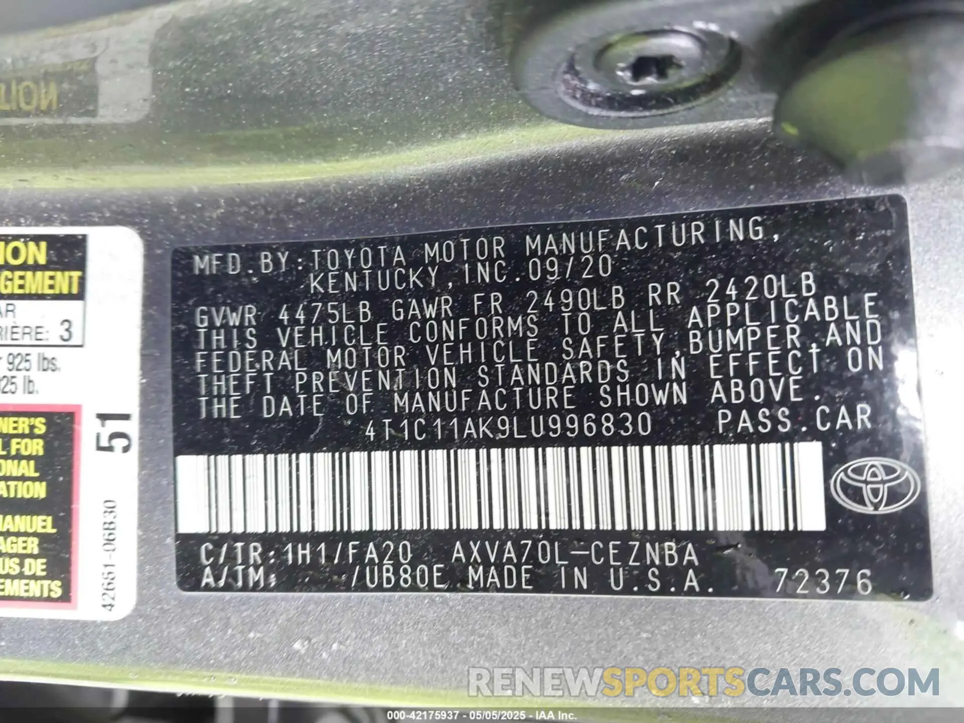 9 Photograph of a damaged car 4T1C11AK9LU996830 TOYOTA CAMRY 2020