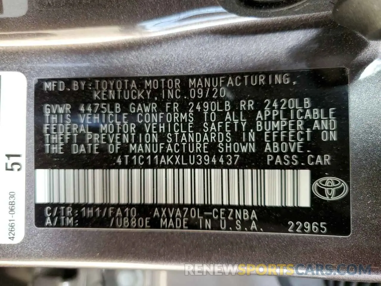 13 Photograph of a damaged car 4T1C11AKXLU394437 TOYOTA CAMRY 2020
