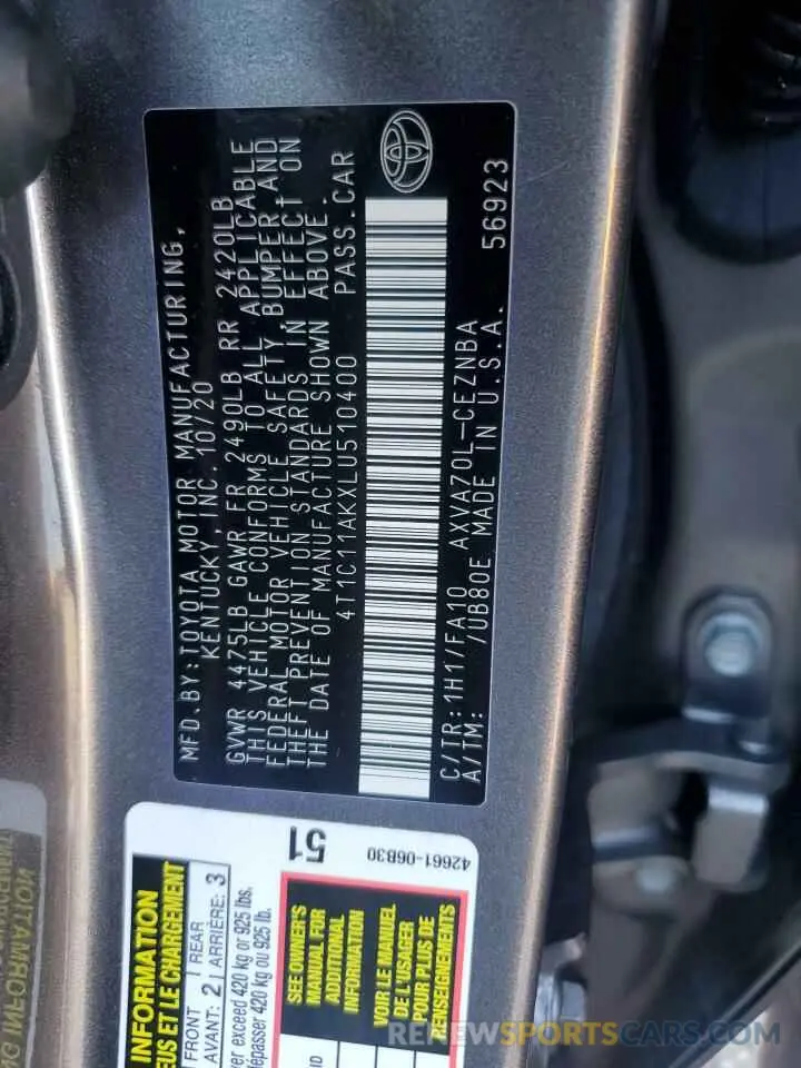 12 Photograph of a damaged car 4T1C11AKXLU510400 TOYOTA CAMRY 2020