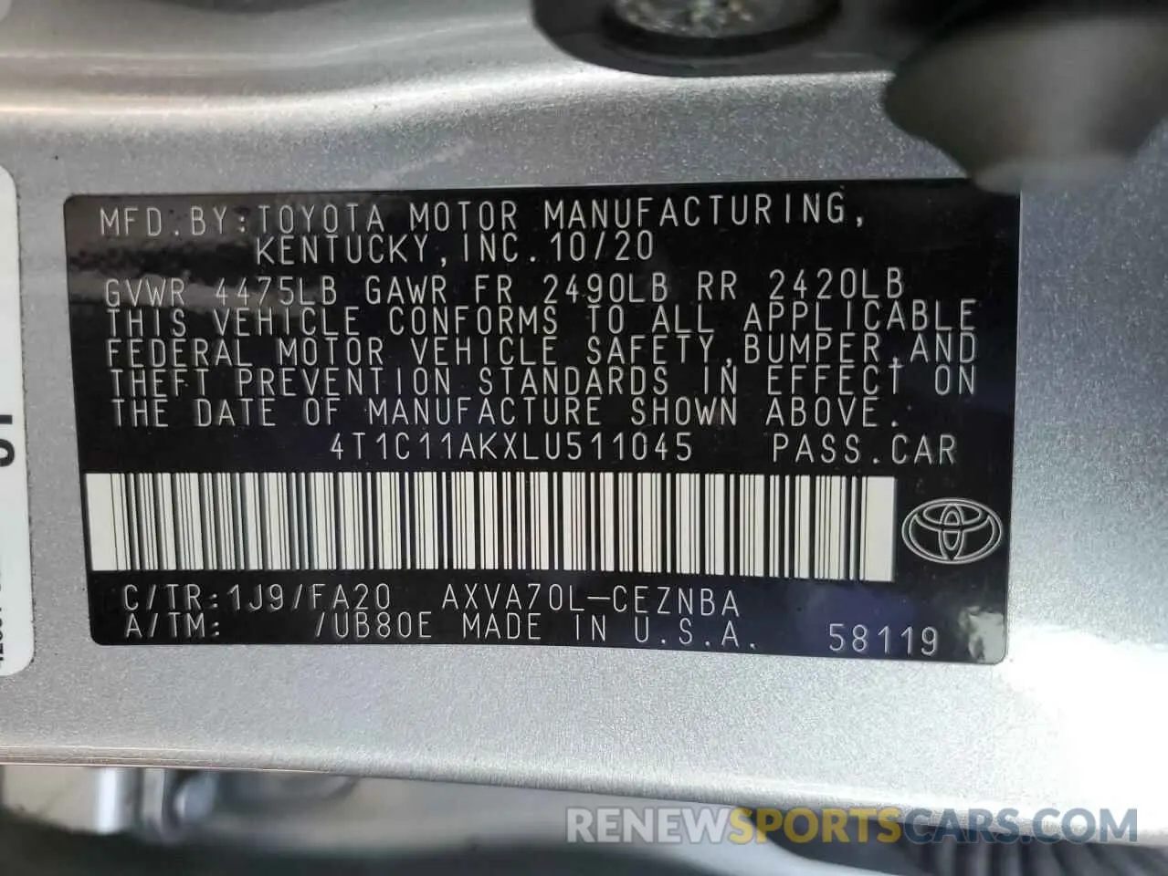 13 Photograph of a damaged car 4T1C11AKXLU511045 TOYOTA CAMRY 2020