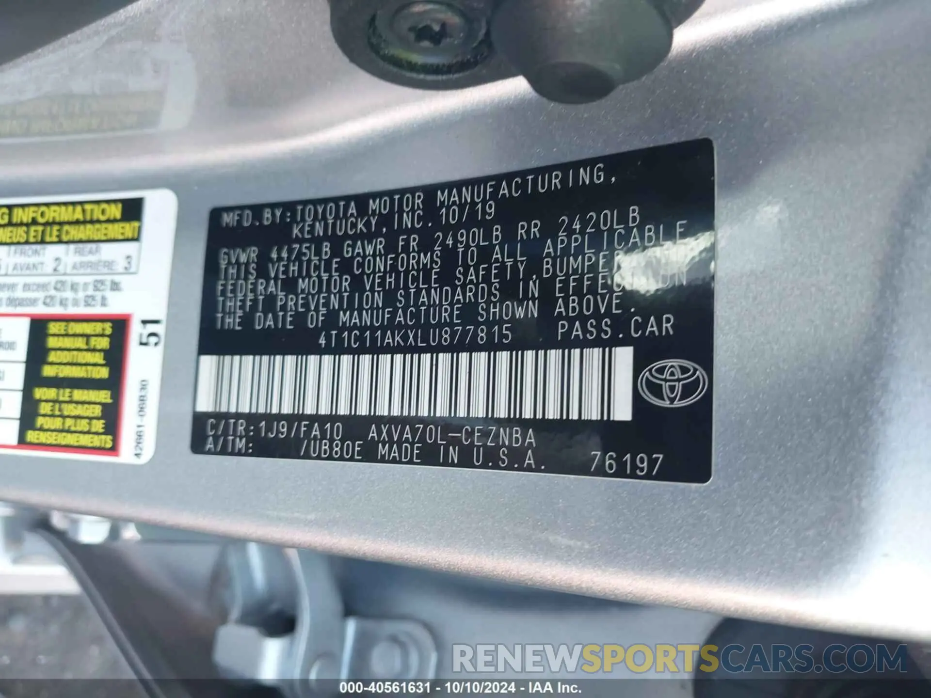 9 Photograph of a damaged car 4T1C11AKXLU877815 TOYOTA CAMRY 2020