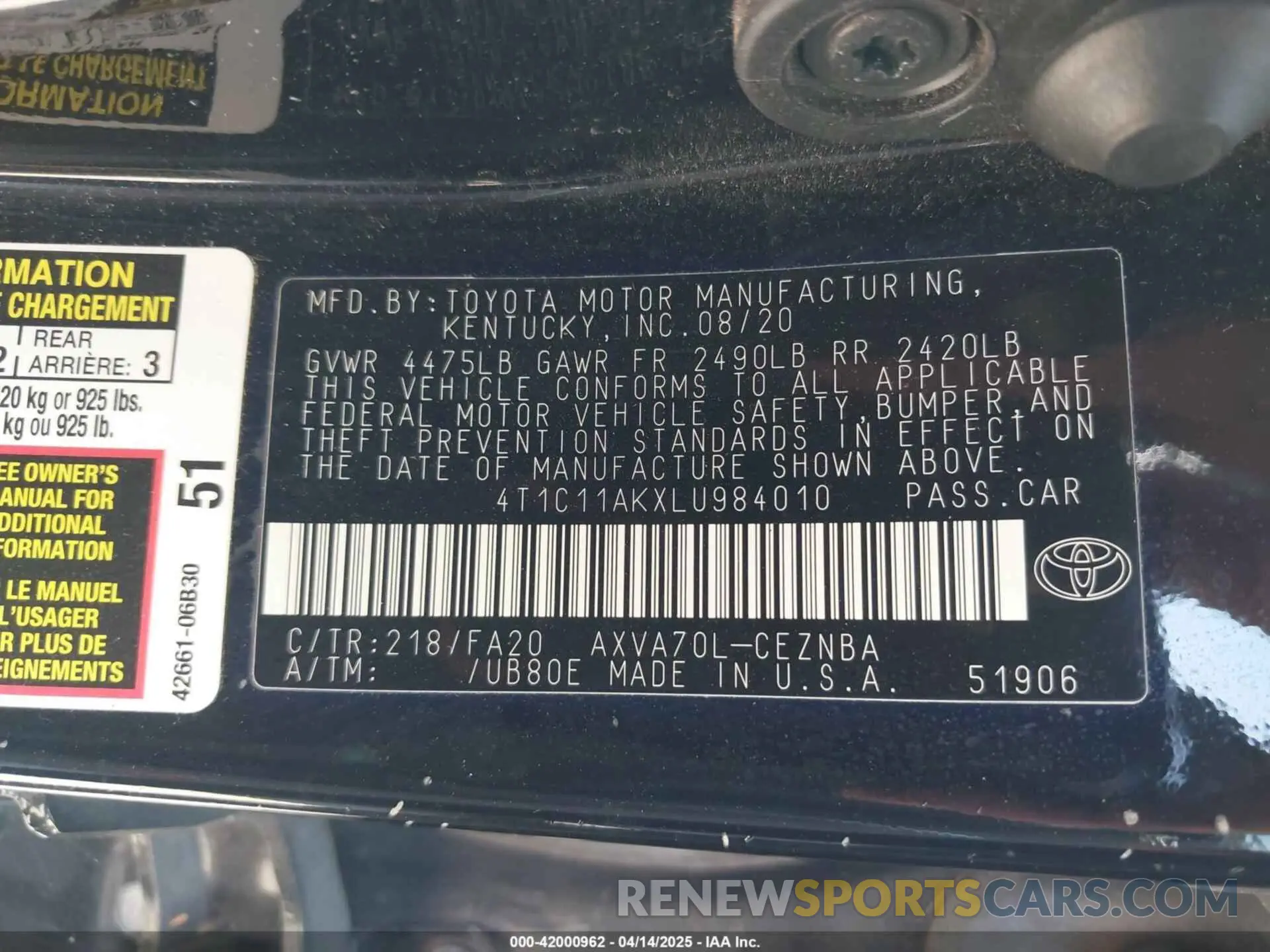 9 Photograph of a damaged car 4T1C11AKXLU984010 TOYOTA CAMRY 2020