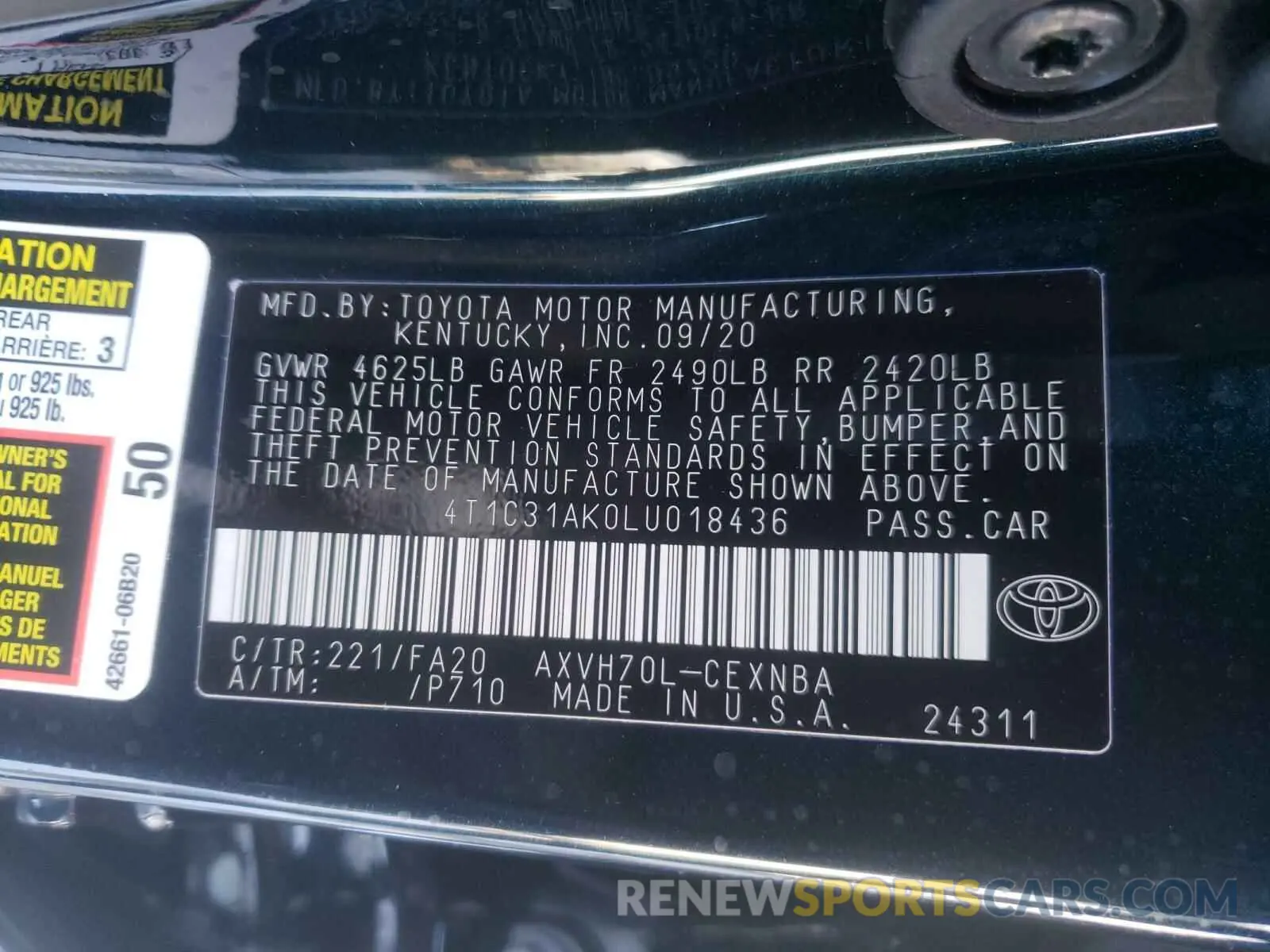 10 Photograph of a damaged car 4T1C31AK0LU018436 TOYOTA CAMRY 2020