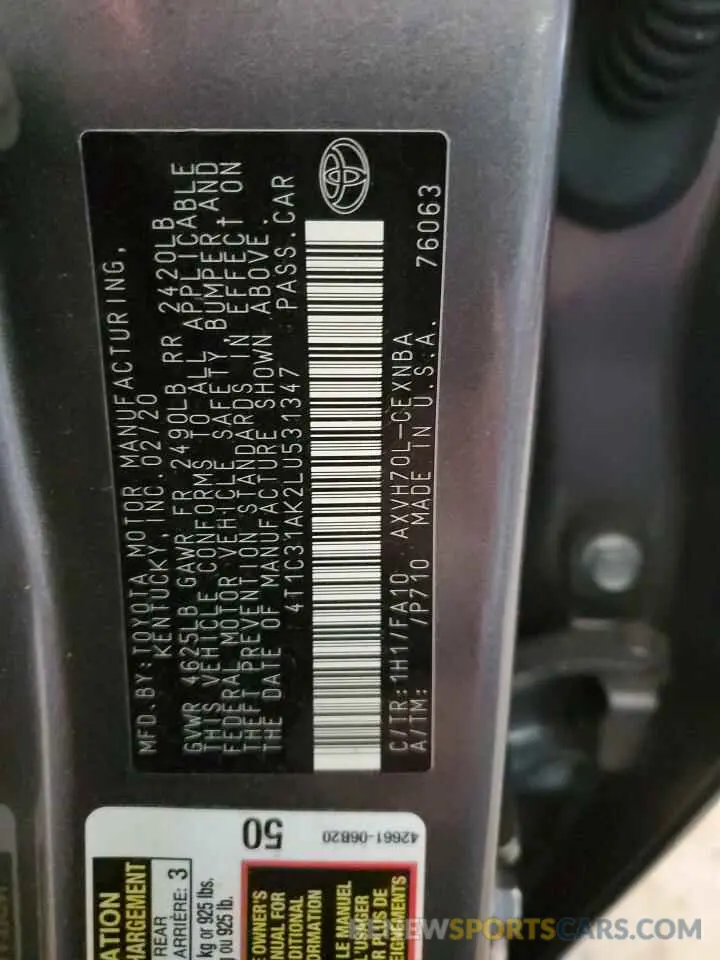 12 Photograph of a damaged car 4T1C31AK2LU531347 TOYOTA CAMRY 2020