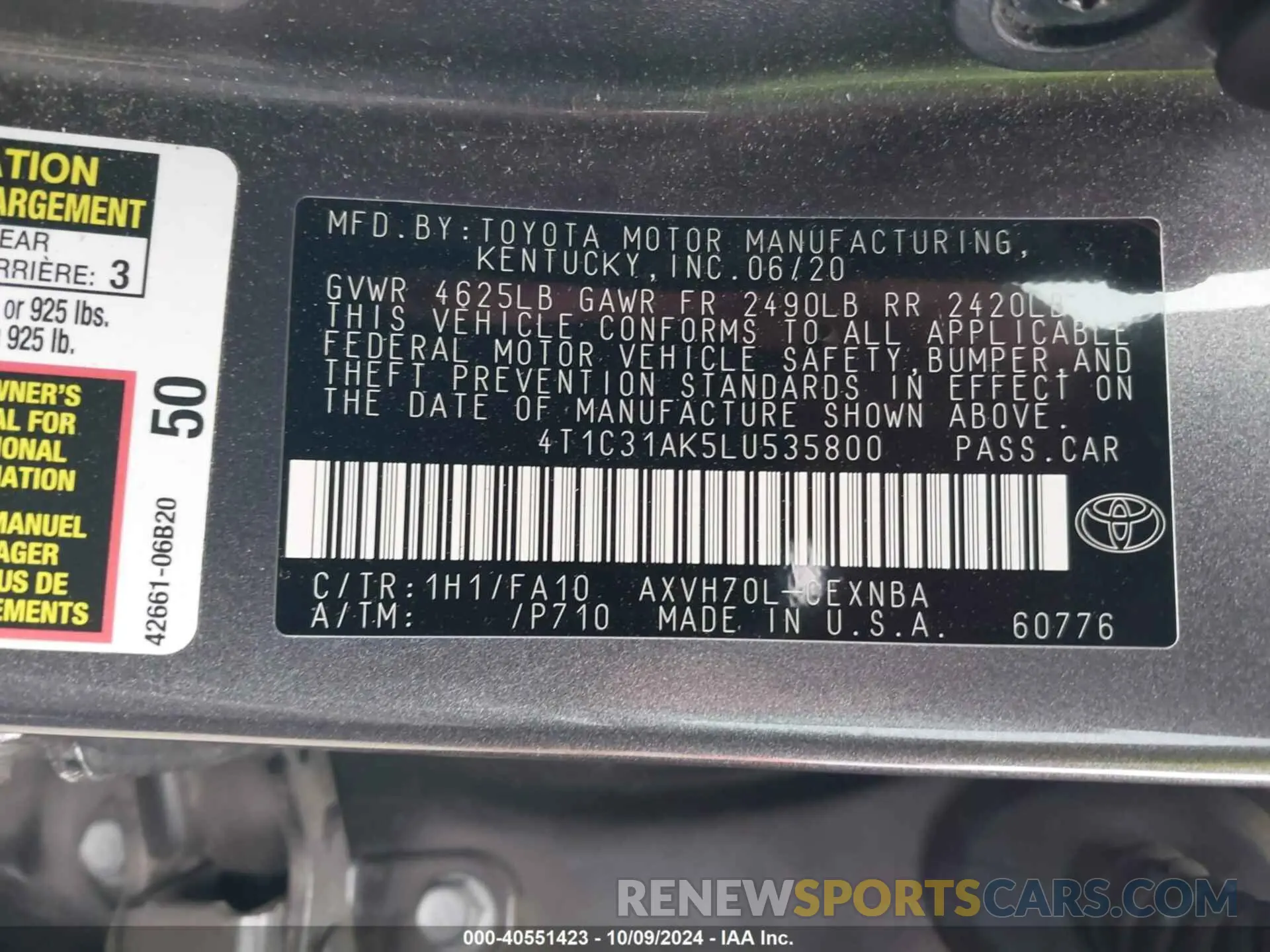 9 Photograph of a damaged car 4T1C31AK5LU535800 TOYOTA CAMRY 2020