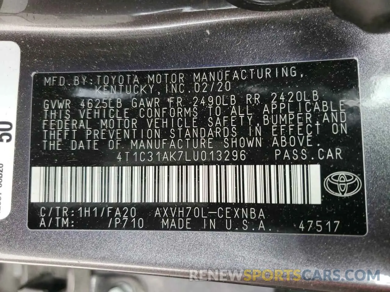 12 Photograph of a damaged car 4T1C31AK7LU013296 TOYOTA CAMRY 2020