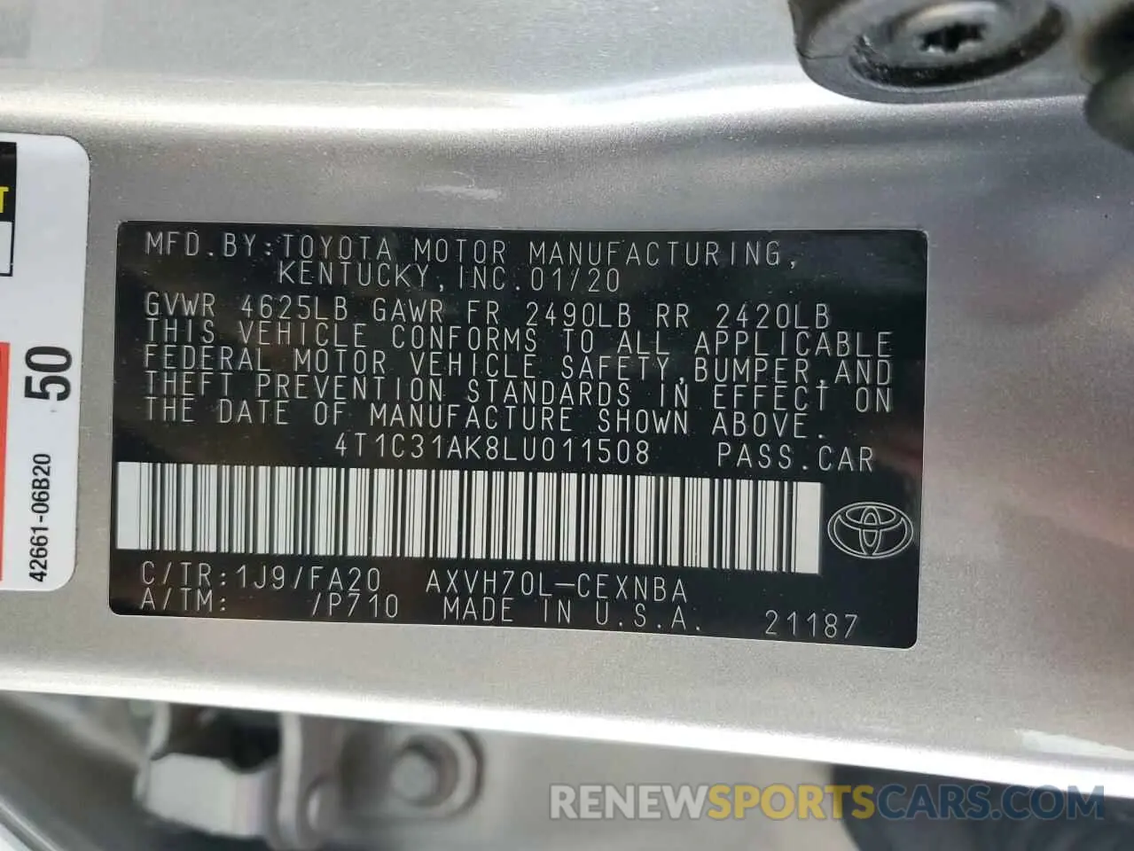 13 Photograph of a damaged car 4T1C31AK8LU011508 TOYOTA CAMRY 2020