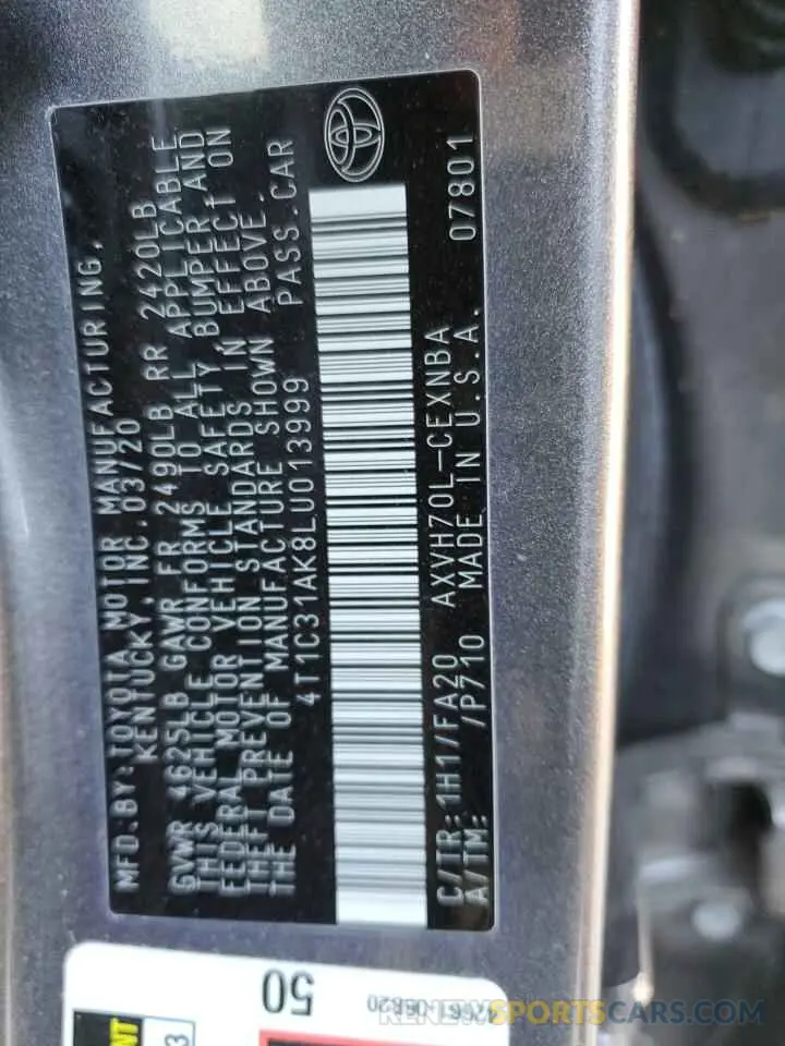 12 Photograph of a damaged car 4T1C31AK8LU013999 TOYOTA CAMRY 2020