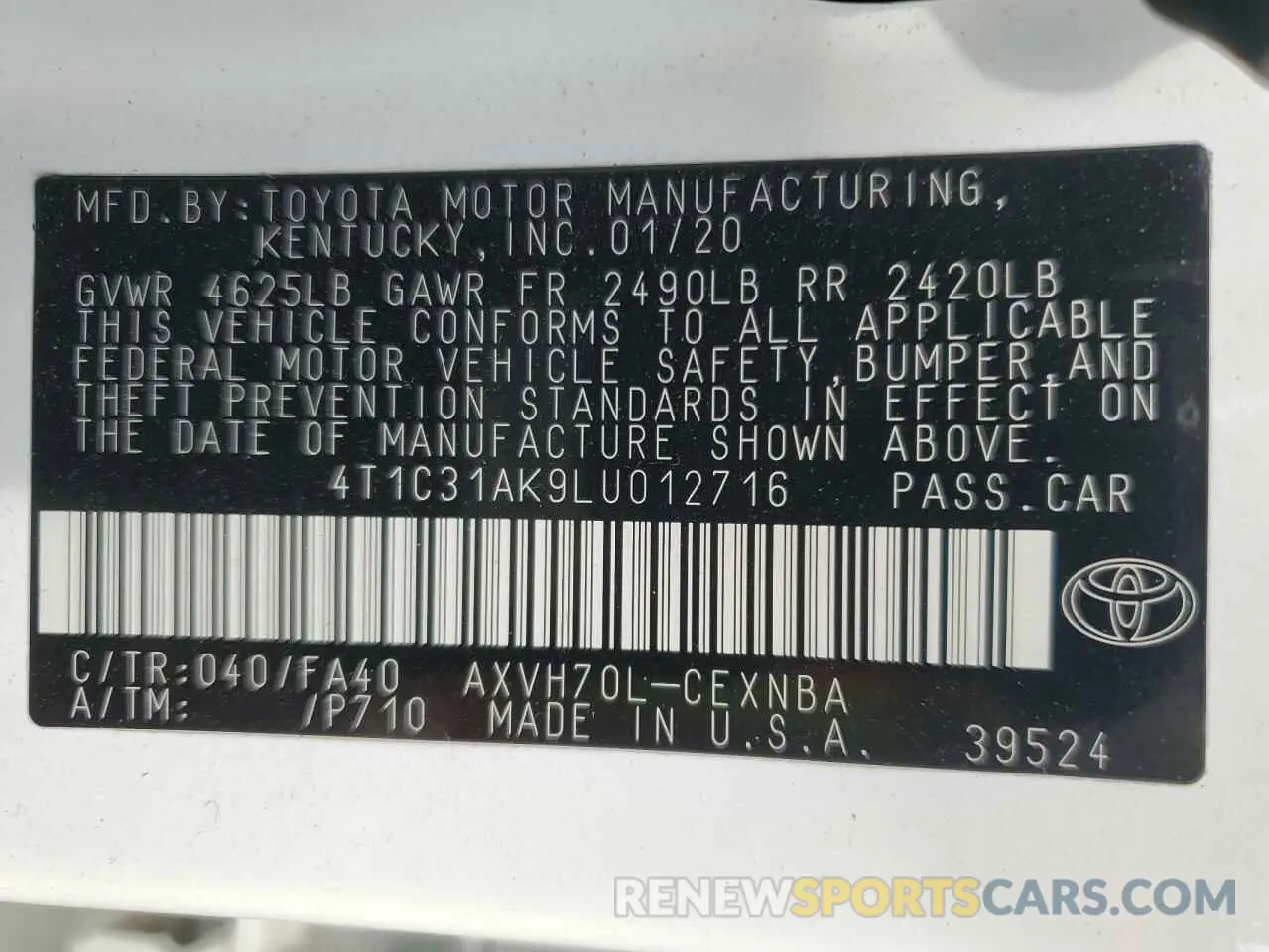 13 Photograph of a damaged car 4T1C31AK9LU012716 TOYOTA CAMRY 2020
