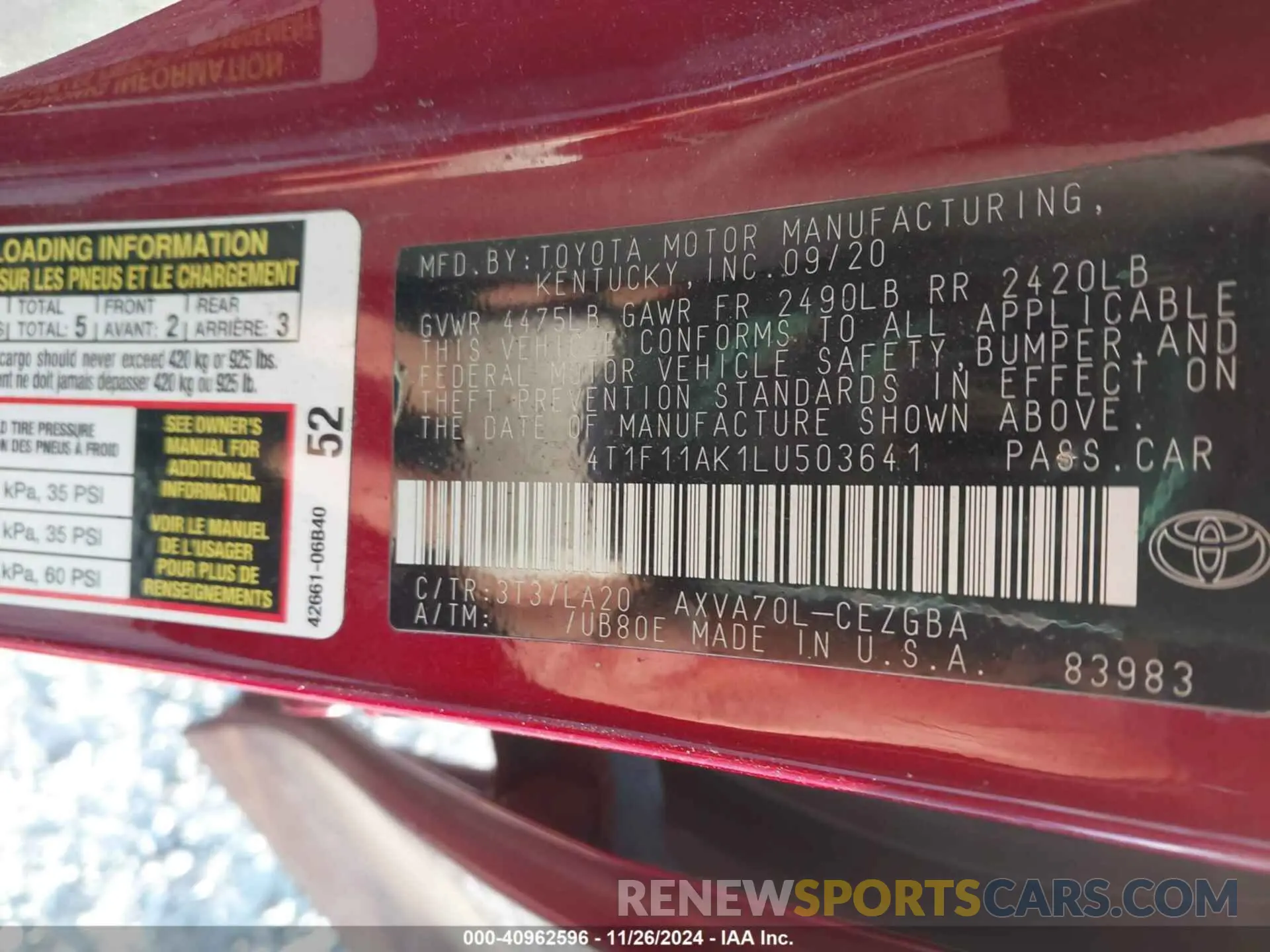 9 Photograph of a damaged car 4T1F11AK1LU503641 TOYOTA CAMRY 2020